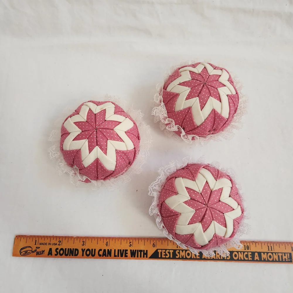 Pink and White Quilted Ball Christmas Ornaments